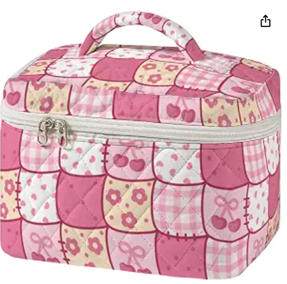 女性用パッチワーク風ヴィンテージミシンパターンコスメティックトラベルケース、ハンドル付きキルティングメイクアップバッグ、スキンケアブラシ、アクセサリー