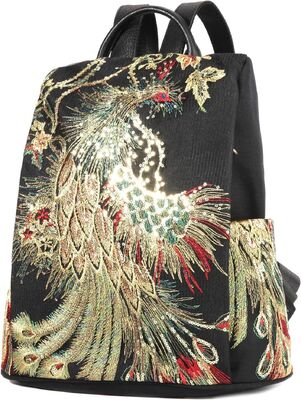 Glitter Embroidery Women Backpack Purse, Fashion Canvas Travel Anti-theft Rucksack Shoulder Bag (Black)