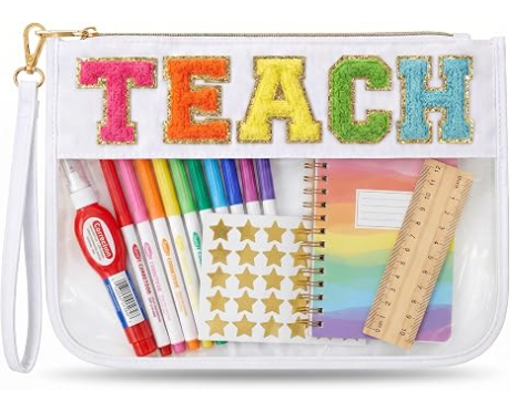 先生への感謝のギフト メイクアップバッグ、卒業ギフトバッグ レディース | かわいい TEACH シェニールレターオーガナイザーポーチ。学年末の先生へのギフト、クリアコスメティックバッグ&先生バッグの必需品