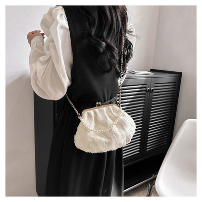 2024 NEW RETRO FAIRY SOLID COLOR 小さいバッグ ホワイト ハンドバッグ パールバッグ 女性用ネットヤード シンプルクロスボディバッグ