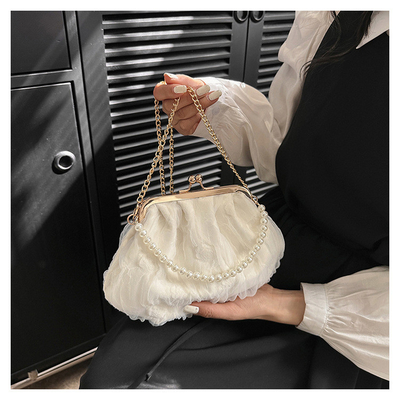 2024 NEW RETRO FAIRY SOLID COLOR 小さいバッグ ホワイト ハンドバッグ パールバッグ 女性用ネットヤード シンプルクロスボディバッグ