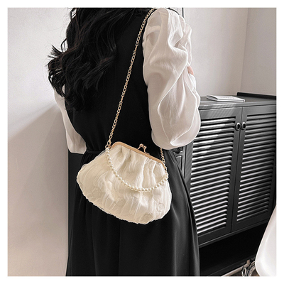 2024 NEW RETRO FAIRY SOLID COLOR 小さいバッグ ホワイト ハンドバッグ パールバッグ 女性用ネットヤード シンプルクロスボディバッグ