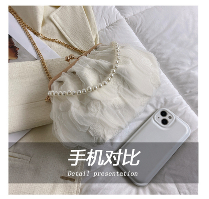 2024 NEW RETRO FAIRY SOLID COLOR 小さいバッグ ホワイト ハンドバッグ パールバッグ 女性用ネットヤード シンプルクロスボディバッグ