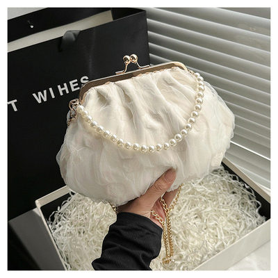 2024 NEW RETRO FAIRY SOLID COLOR 小さいバッグ ホワイト ハンドバッグ パールバッグ 女性用ネットヤード シンプルクロスボディバッグ