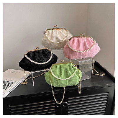 2024 NEW RETRO FAIRY SOLID COLOR 小さいバッグ ホワイト ハンドバッグ パールバッグ 女性用ネットヤード シンプルクロスボディバッグ
