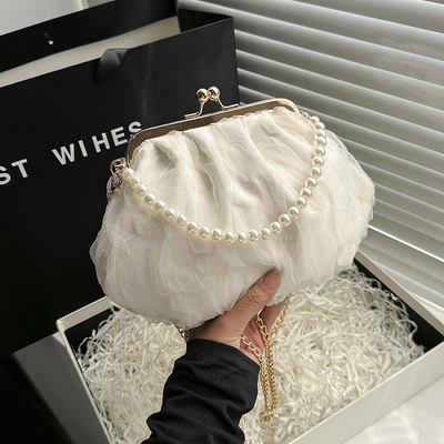 2024 NEW RETRO FAIRY SOLID COLOR 小さいバッグ ホワイト ハンドバッグ パールバッグ 女性用ネットヤード シンプルクロスボディバッグ