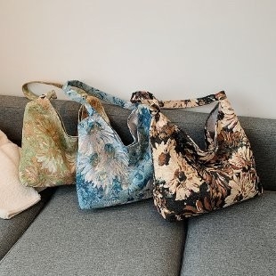 大容量 女性バッグ フランス シンプル キャンバス バッグ オイルペイント ナショナル スタイル 肩バッグ トーテ バケット バッグ