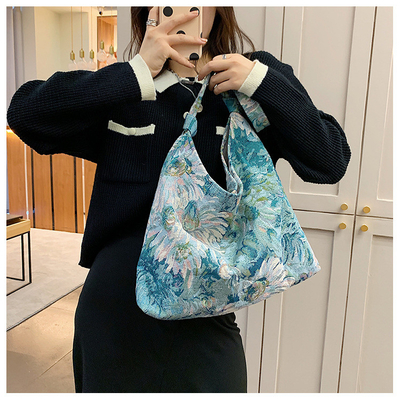 大容量 女性バッグ フランス シンプル キャンバス バッグ オイルペイント ナショナル スタイル 肩バッグ トーテ バケット バッグ