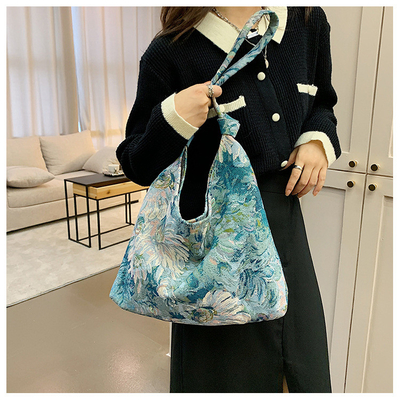 大容量 女性バッグ フランス シンプル キャンバス バッグ オイルペイント ナショナル スタイル 肩バッグ トーテ バケット バッグ