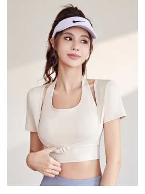 新品 快乾き 桃色 ハルター トップ ヨガ 短袖 短袖 胸のパッド付き 緊密なフィットネスTシャツ スポーツ 短袖