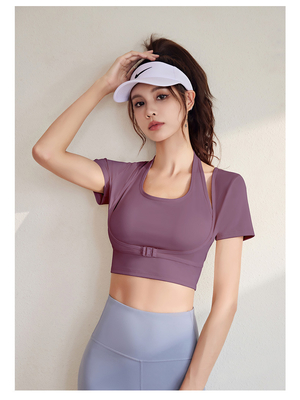 新品 快乾き 桃色 ハルター トップ ヨガ 短袖 短袖 胸のパッド付き 緊密なフィットネスTシャツ スポーツ 短袖