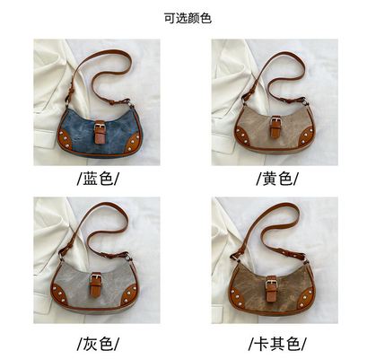 フランス ファッション カジュアル アンダーアームバッグ 女性 2024 NEW TEXTURE BAGUETTE BAG SIMPLE COLOR PATCHWORK