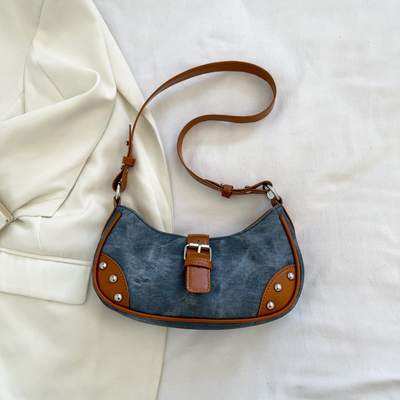 フランス ファッション カジュアル アンダーアームバッグ 女性 2024 NEW TEXTURE BAGUETTE BAG SIMPLE COLOR PATCHWORK