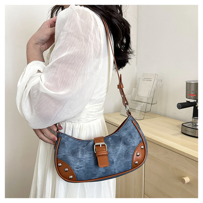 フランス ファッション カジュアル アンダーアームバッグ 女性 2024 NEW TEXTURE BAGUETTE BAG SIMPLE COLOR PATCHWORK