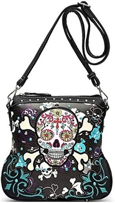 砂糖の頭蓋骨 死者の日 十字架の骨 ロック メタリックの財布 骨格の皮革の財布 女性 横身 手袋 肩袋