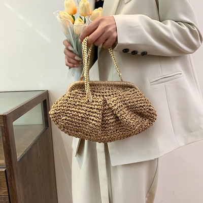 浜辺のキック レディースのラフィア ストロー ダンプリング クルッチ スタイリッシュ 夏休み クロスボディ バッグ ラタン バッグ