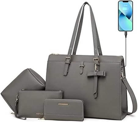 KEYLI 4PCセット 女性用ラップトップバッグ 大型革ラップトップ ブリーフケースUSB充電ポート付き パソコンの肩こり トートバッグ PU
