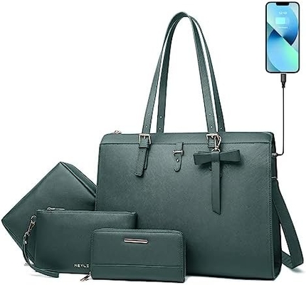 KEYLI 4PCセット 女性用ラップトップバッグ 大型革ラップトップ ブリーフケースUSB充電ポート付き パソコンの肩こり トートバッグ PU
