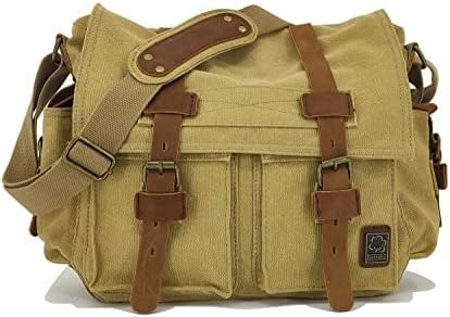 セックンク ヴィンテージ 軍用革 キャンバス ラップトップ バッグ メッセンジャー バッグ 中型