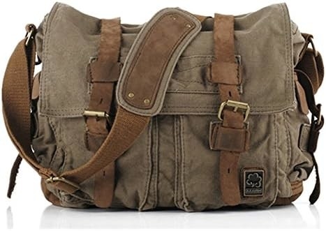 セックンク ヴィンテージ 軍用革 キャンバス ラップトップ バッグ メッセンジャー バッグ 中型