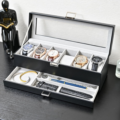 ProCase 時計 ボックスオーガナイザー 男性用 6 スロット 時計 ディスプレイケース 引き出し付き 父の日 ギフト 男性 時計 ホールダー 時計