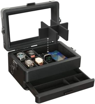 CASE ELEGANCE 軍用10 スロット 時計箱 男性用ケースオーガナイザー 本物のガラストップ モジュール式バレットトレイ