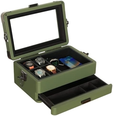 CASE ELEGANCE 軍用10 スロット 時計箱 男性用ケースオーガナイザー 本物のガラストップ モジュール式バレットトレイ