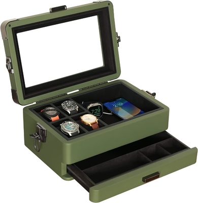 CASE ELEGANCE 軍用10 スロット 時計箱 男性用ケースオーガナイザー 本物のガラストップ モジュール式バレットトレイ
