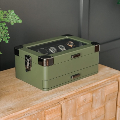 CASE ELEGANCE 軍用10 スロット 時計箱 男性用ケースオーガナイザー 本物のガラストップ モジュール式バレットトレイ
