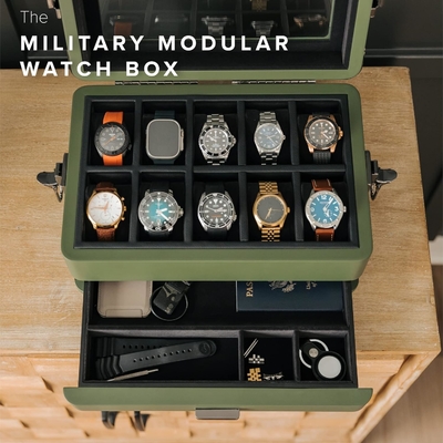 CASE ELEGANCE 軍用10 スロット 時計箱 男性用ケースオーガナイザー 本物のガラストップ モジュール式バレットトレイ