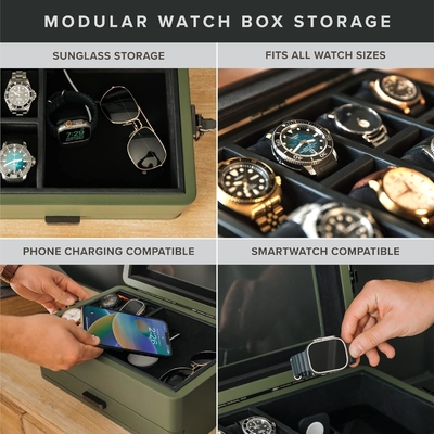 CASE ELEGANCE 軍用10 スロット 時計箱 男性用ケースオーガナイザー 本物のガラストップ モジュール式バレットトレイ