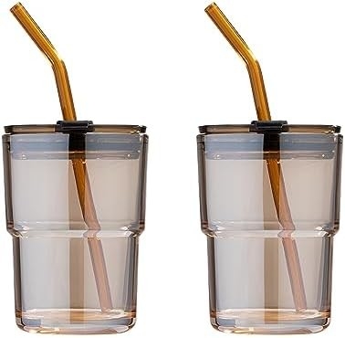 13オンス/400ml トンブル水ガラス ストローと蓋を封印したカップ コーヒー,アイスティー,厚壁隔離ガラスのために持ち