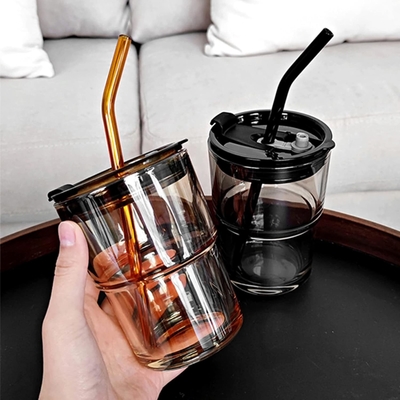13オンス/400ml トンブル水ガラス ストローと蓋を封印したカップ コーヒー,アイスティー,厚壁隔離ガラスのために持ち