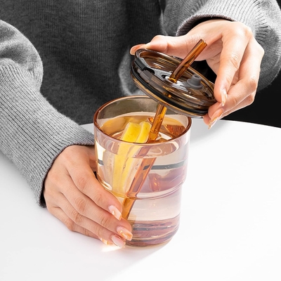 13オンス/400ml トンブル水ガラス ストローと蓋を封印したカップ コーヒー,アイスティー,厚壁隔離ガラスのために持ち
