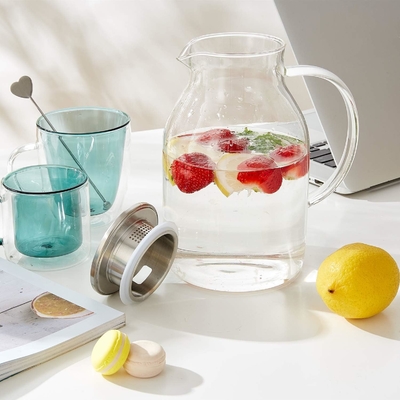 カラフガラスポット 蓋付き 68Oz 熱耐性水槽 温か/冷たい水,アイスティー,ジュース飲料 透明