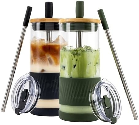 蓋とストローのガラスカップ -20 Fl オンス-完璧なサイズ アイスコーヒーカップ - スムージーカップ バンブー