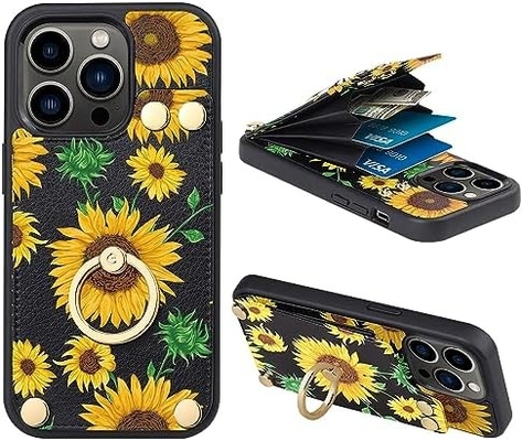 iPhone 13 Pro Maxのカードホルダー 360°回転リングホルダー 革ホルダーカードスロットケース RFIDショック防止カバー