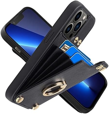 iPhone 13 Pro Maxのカードホルダー 360°回転リングホルダー 革ホルダーカードスロットケース RFIDショック防止カバー