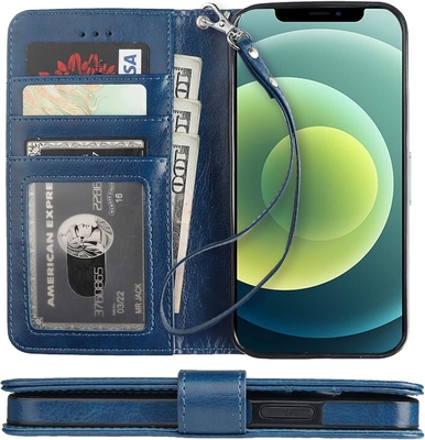 iPhone 12/Proの財布ケースと互換性 カードホルダー PU レザースタンド 衝撃防弾 手首ストラップ クランプシェル 6.1インチ