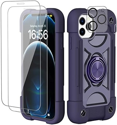 iPhone 12 Pro Max ケース 6.7" - 重用衝撃防弾,リングスタンド,ガラススクリーン&カメラレンズ保護具 (レインボーピンク)