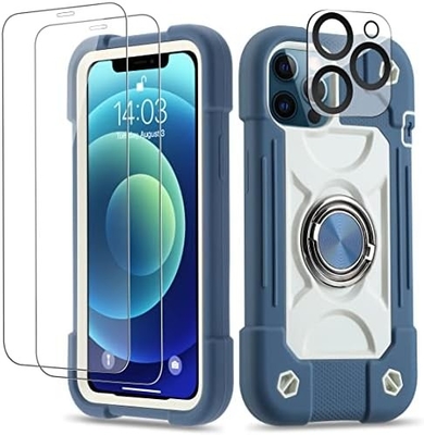 iPhone 12 Pro Max ケース 6.7" - 重用衝撃防弾,リングスタンド,ガラススクリーン&カメラレンズ保護具 (レインボーピンク)
