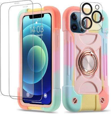 iPhone 12 Pro Max ケース 6.7" - 重用衝撃防弾,リングスタンド,ガラススクリーン&カメラレンズ保護具 (レインボーピンク)