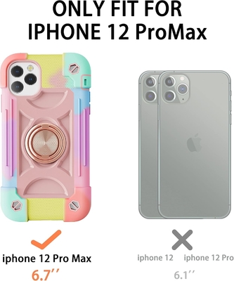 iPhone 12 Pro Max ケース 6.7" - 重用衝撃防弾,リングスタンド,ガラススクリーン&カメラレンズ保護具 (レインボーピンク)