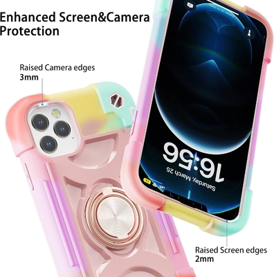 iPhone 12 Pro Max ケース 6.7" - 重用衝撃防弾,リングスタンド,ガラススクリーン&カメラレンズ保護具 (レインボーピンク)