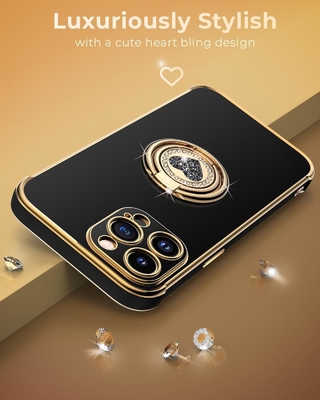 iPhone 12 Pro Maxケース スタンド付き 携帯ケース 双指輪キックスタンド付き 女性 女の子 ブリング 高級保護ケース 耳