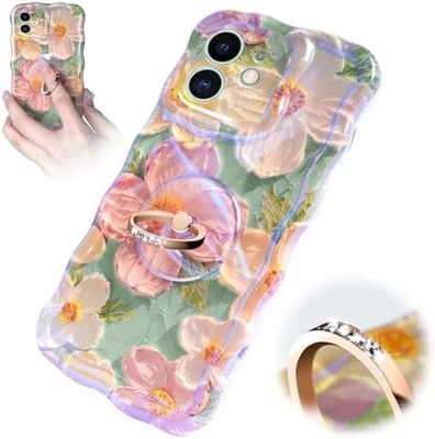iPhone 12 Pro Maxケース リング,オイルペイント 花 色彩豊かなレトロ花 可愛いカワイイ波のフレーム 女性の女の子の電話ケース