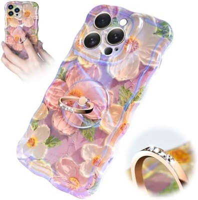 iPhone 12 Pro Maxケース リング,オイルペイント 花 色彩豊かなレトロ花 可愛いカワイイ波のフレーム 女性の女の子の電話ケース