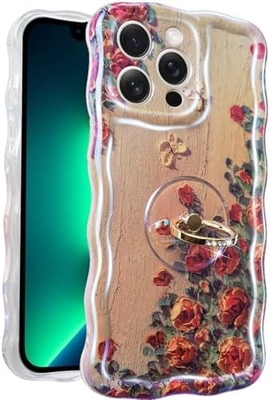 iPhone 12 Pro Maxケース リング,オイルペイント 花 色彩豊かなレトロ花 可愛いカワイイ波のフレーム 女性の女の子の電話ケース