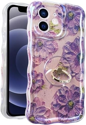 iPhone 12 Pro Maxケース リング,オイルペイント 花 色彩豊かなレトロ花 可愛いカワイイ波のフレーム 女性の女の子の電話ケース