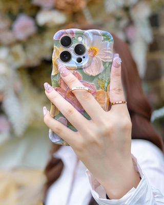 iPhone 12 Pro Maxケース リング,オイルペイント 花 色彩豊かなレトロ花 可愛いカワイイ波のフレーム 女性の女の子の電話ケース